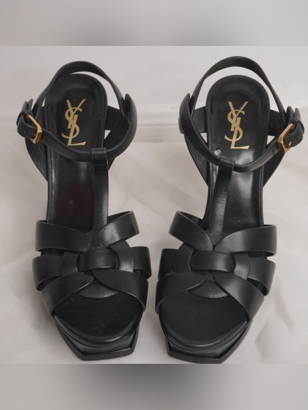 Saint Laurent Black Leather Woven T-Strap Platform Heels